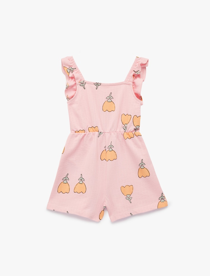 Kız Bebek Fırfır Detaylı Bisiklet Yaka Askılı Çiçek Baskılı Pamuklu Tulum