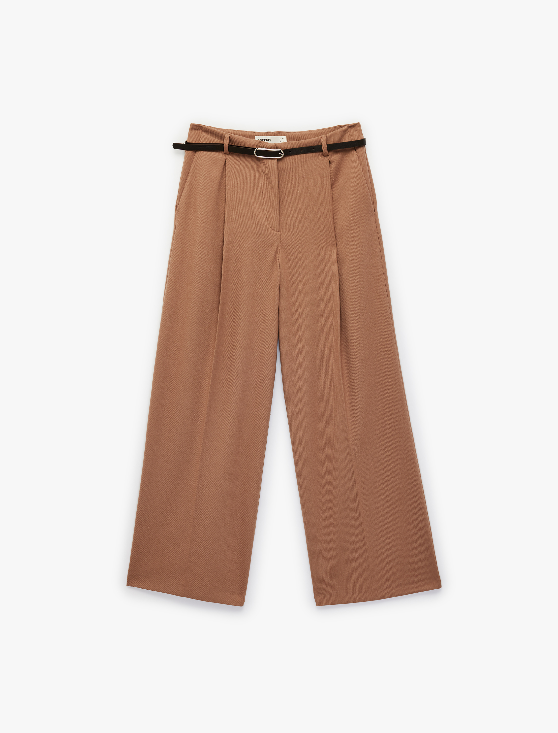   Pile Detaylı Cepli Kemerli Geniş Paça Kumaş Pantolon