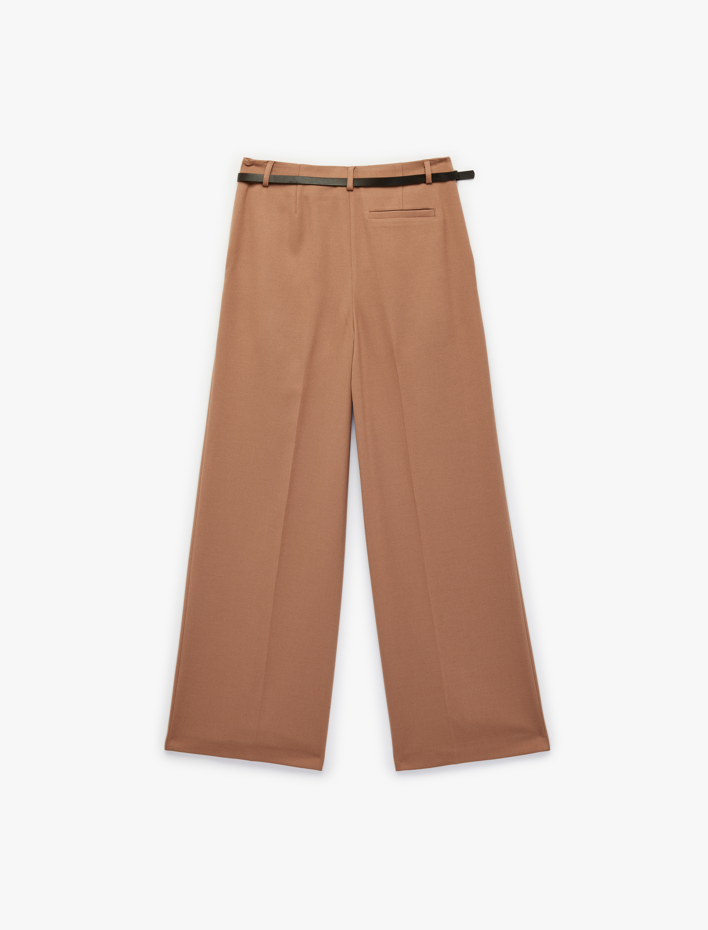   Pile Detaylı Cepli Kemerli Geniş Paça Kumaş Pantolon