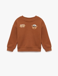 Uzun Kollu Bisiklet Yaka Ayıcık Baskılı Sweatshirt
