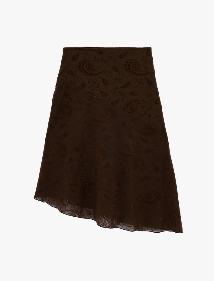  Şal Desenli Asimetrik Midi Etek