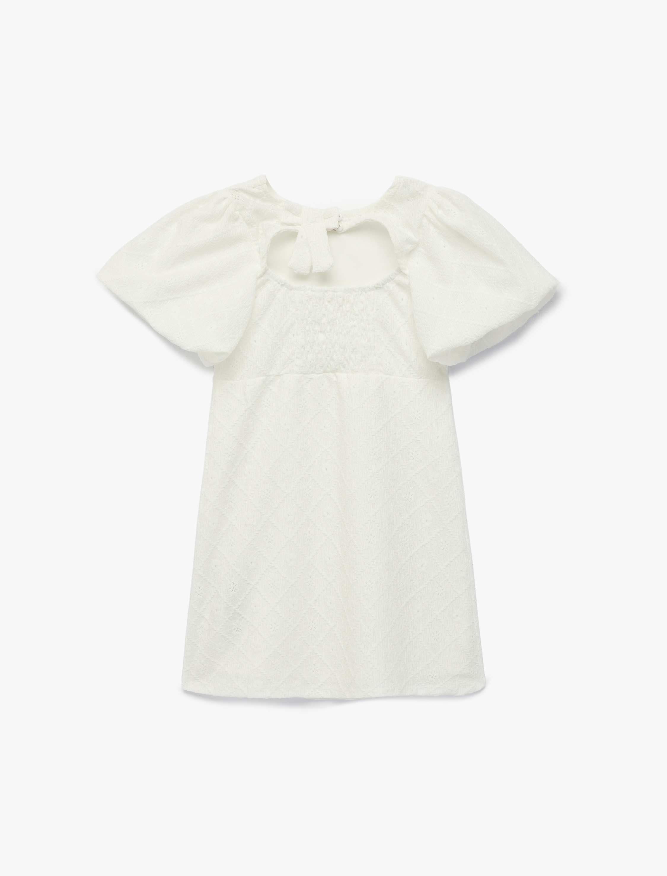  Kız Çocuk Fiyonk Detaylı Bisiklet Yaka Pencere Detaylı Gipeli Kısa Kollu Elbise