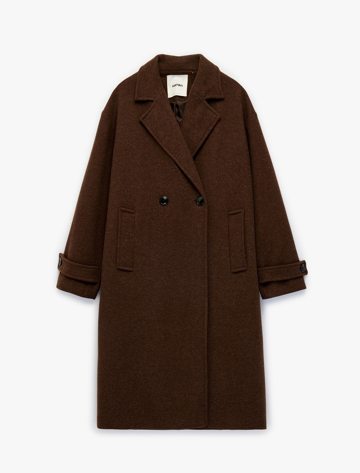  Uzun Kollu Düğmeli Cepli Kruvaze Uzun Oversize Kaşe Kaban