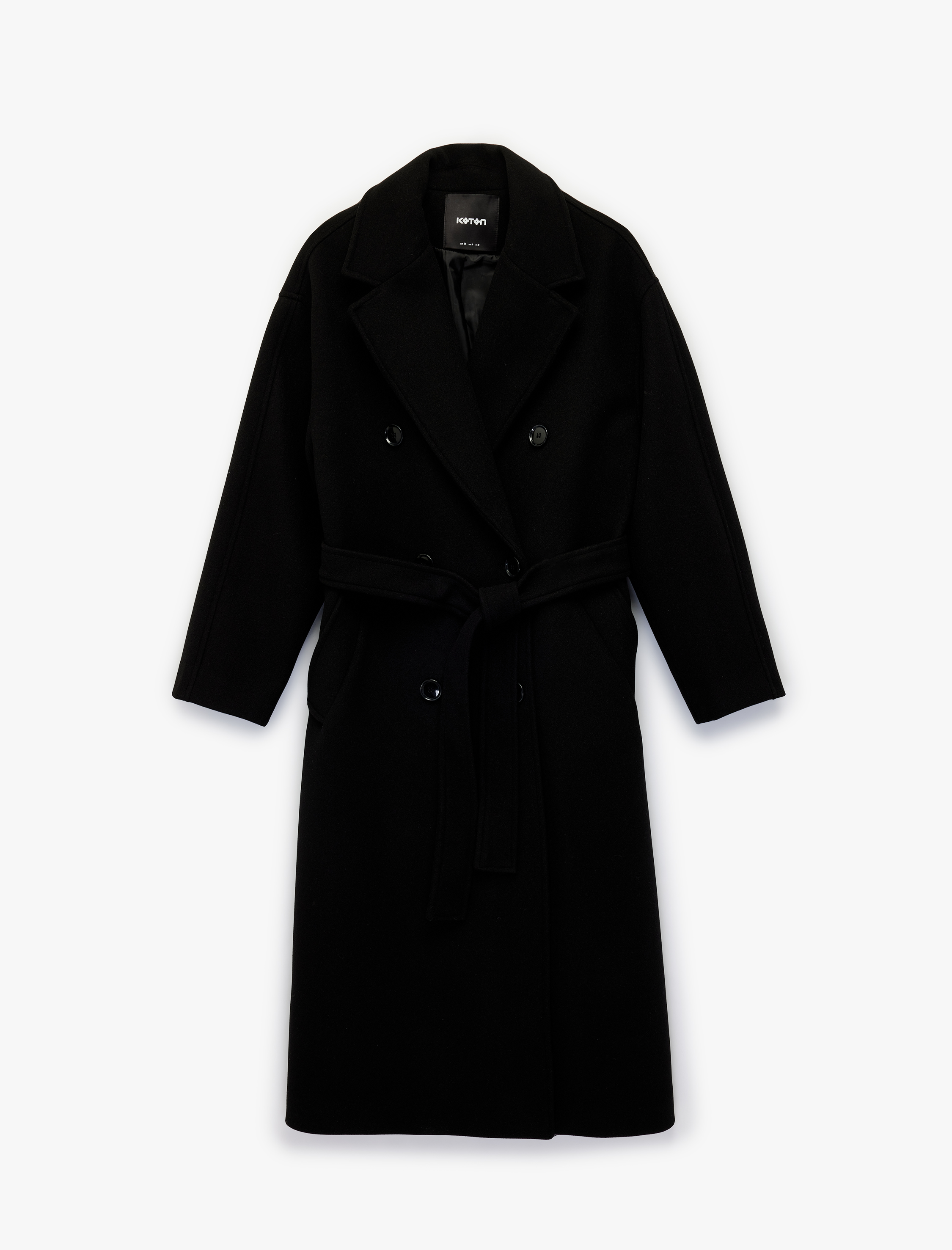   Uzun Kollu Düğmeli Kruvaze Kemerli Kaşe Kaban