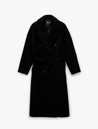 Uzun Kollu Düğmeli Kruvaze Kemerli Kaşe Kaban