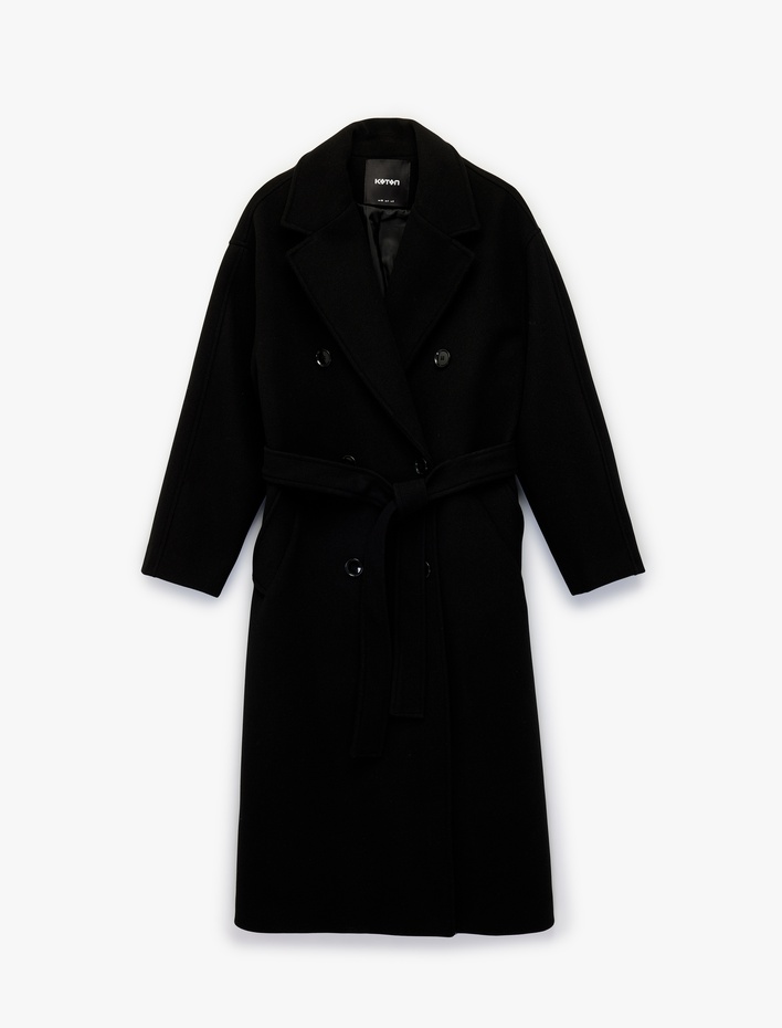  Uzun Kollu Düğmeli Kruvaze Kemerli Kaşe Kaban