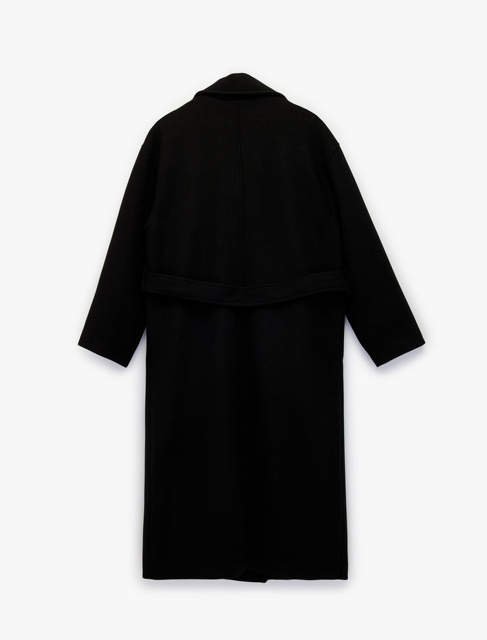  Uzun Kollu Düğmeli Kruvaze Kemerli Kaşe Kaban