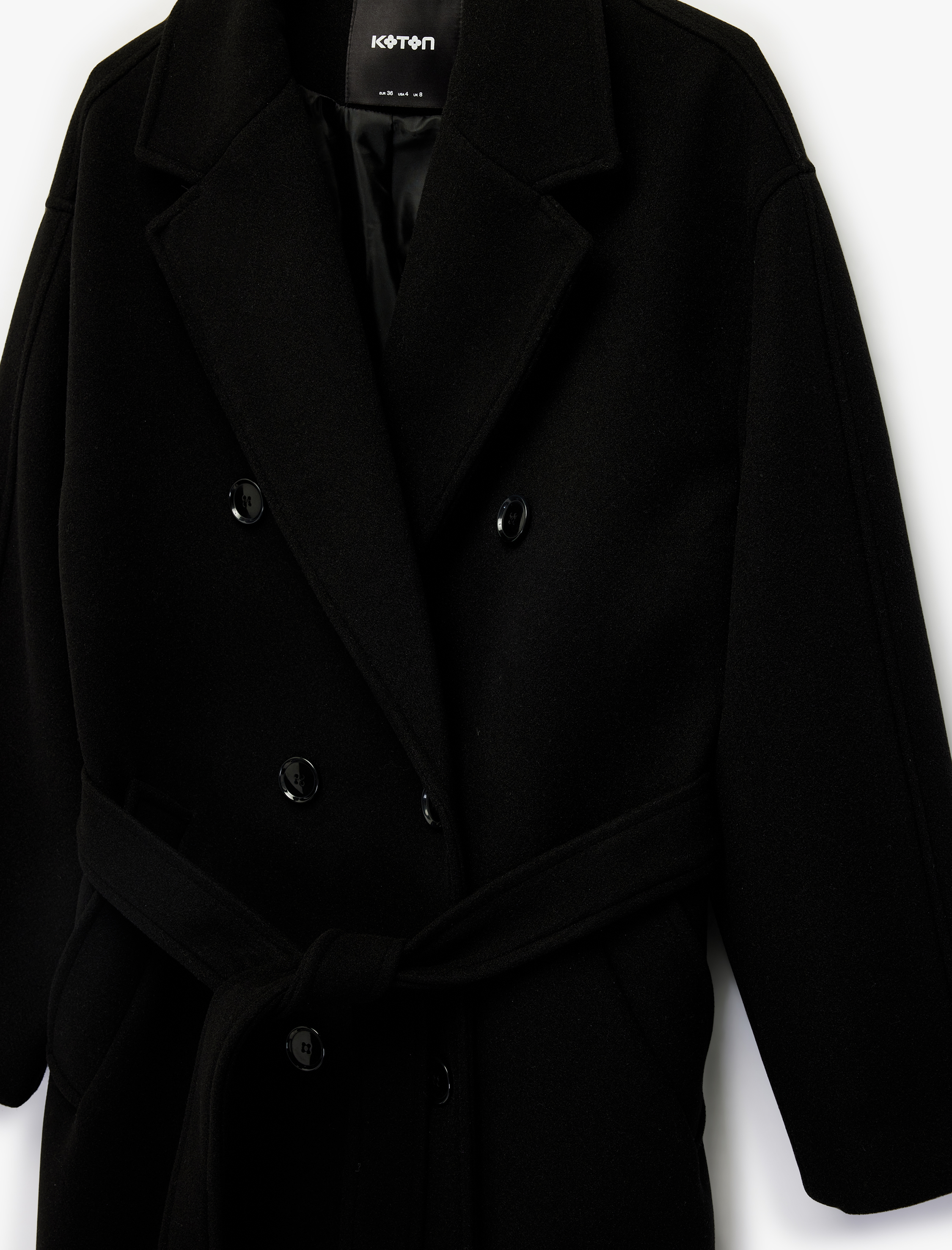   Uzun Kollu Düğmeli Kruvaze Kemerli Kaşe Kaban