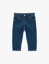 Pamuklu Beli Lastikli Düğmeli Relax Fit Denim Pantolon