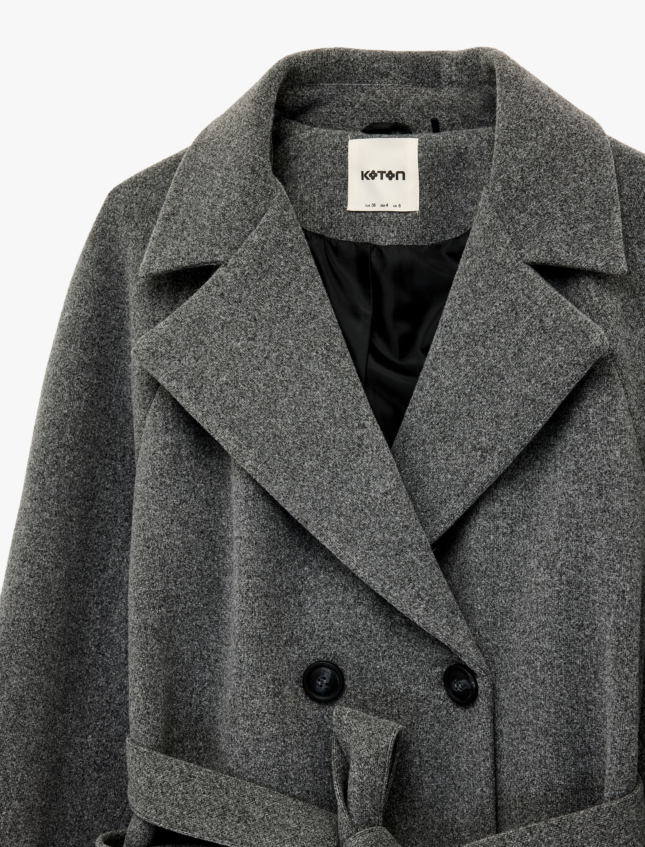   Uzun Kollu Cepli Kemerli Düğmeli Uzun Kaşe Kaban