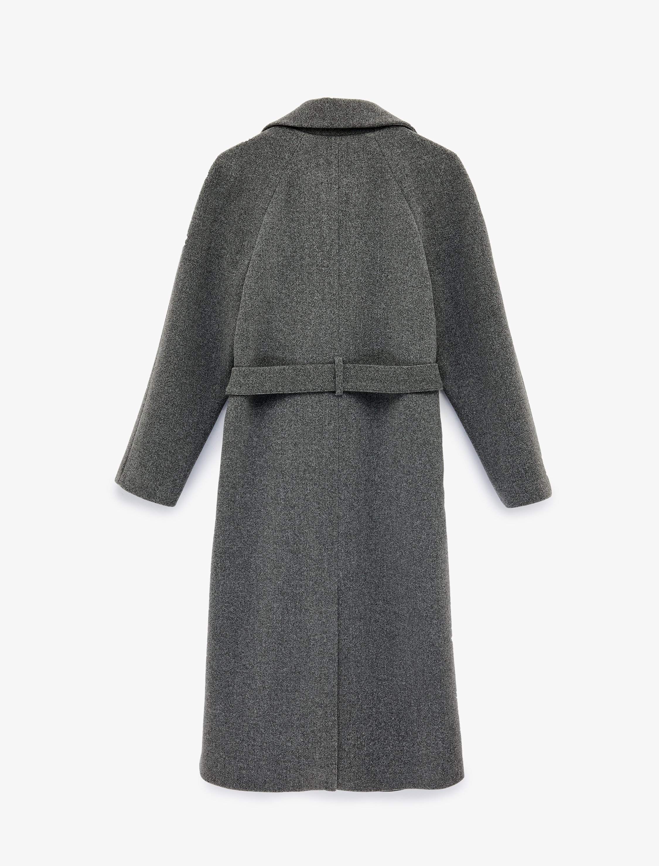   Uzun Kollu Cepli Kemerli Düğmeli Uzun Kaşe Kaban