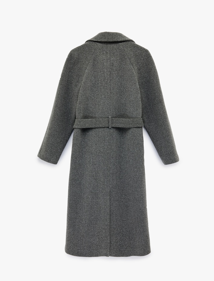  Uzun Kollu Cepli Kemerli Düğmeli Uzun Kaşe Kaban