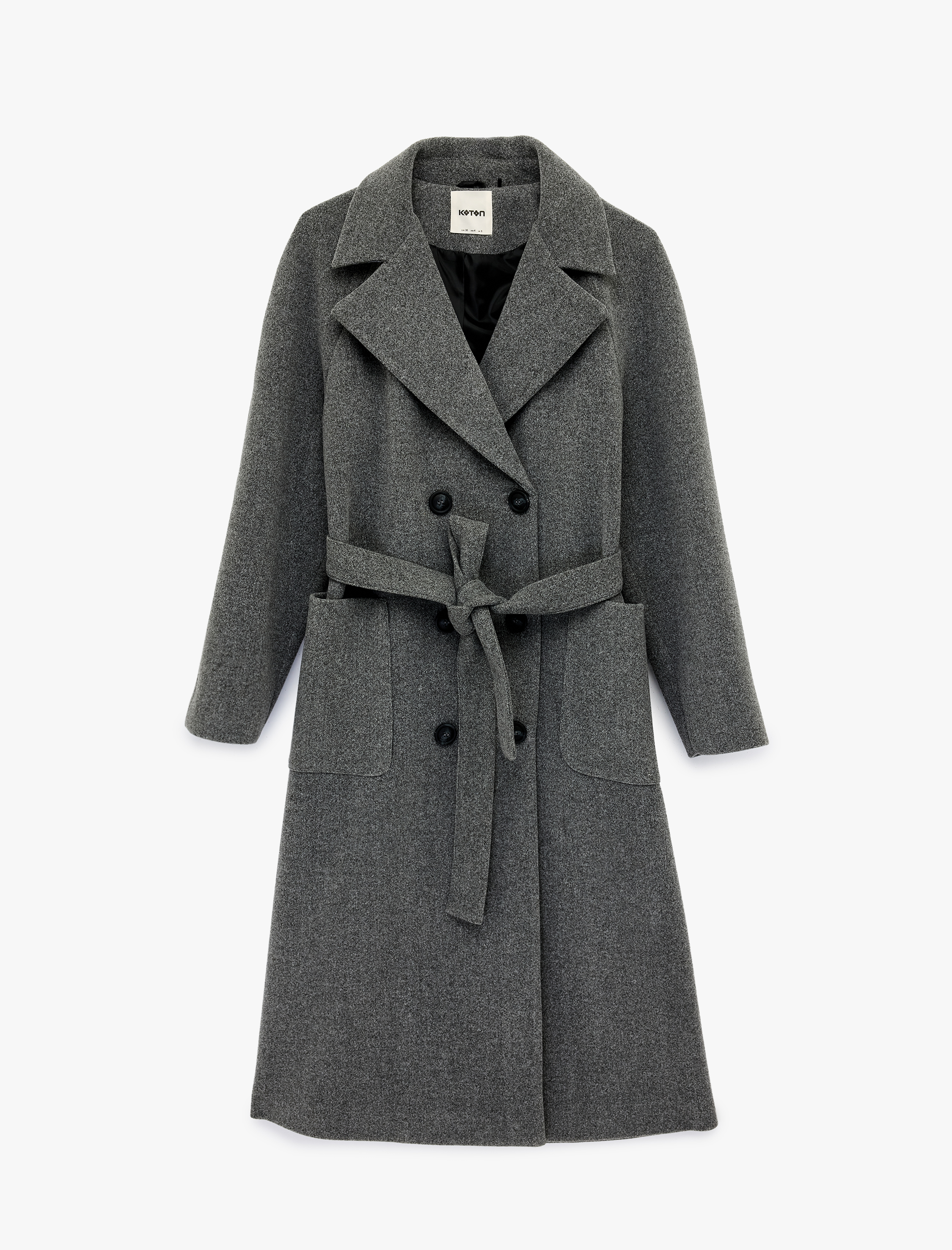   Uzun Kollu Cepli Kemerli Düğmeli Uzun Kaşe Kaban