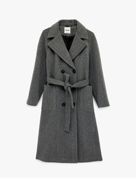 Uzun Kollu Cepli Kemerli Düğmeli Uzun Kaşe Kaban