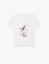 Pamuklu Kısa Kollu Bisiklet Yaka Kelebek Baskılı Tişört