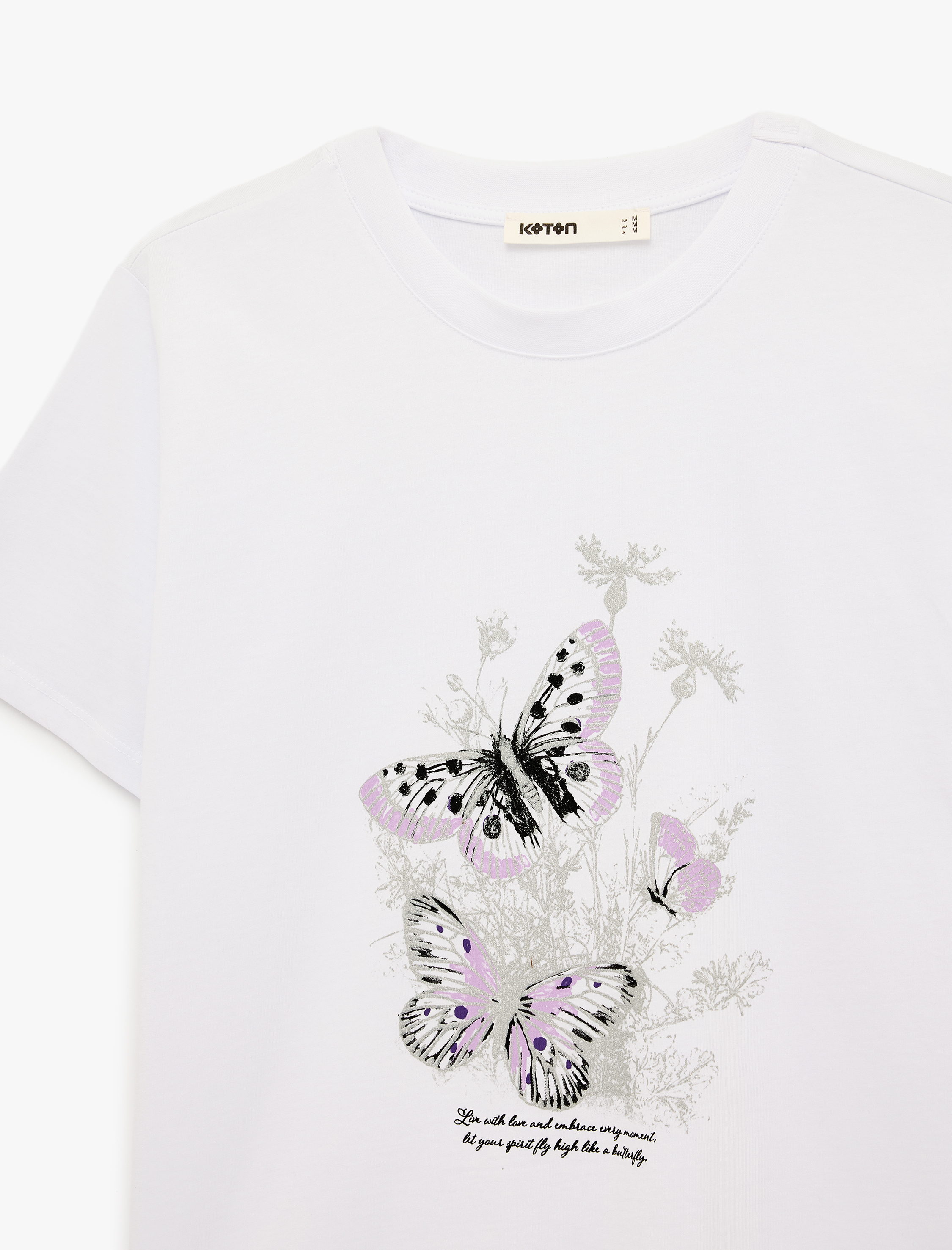   Pamuklu Kısa Kollu Bisiklet Yaka Kelebek Baskılı Tişört