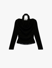 Halter Yaka Dantel Detaylı Slim Fit Uzun Kollu Tişört