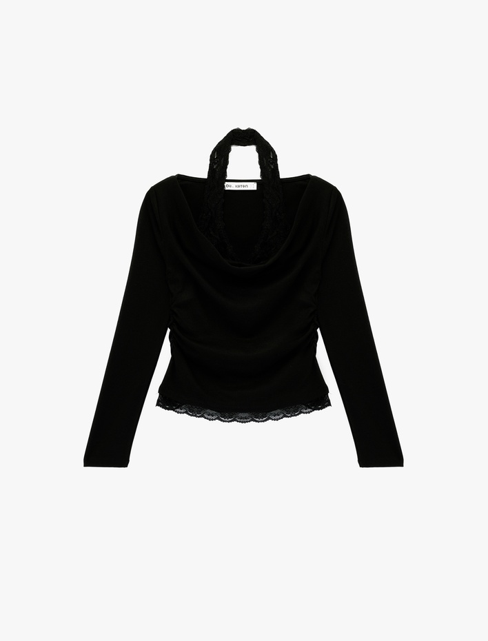  Halter Yaka Dantel Detaylı Slim Fit Uzun Kollu Tişört