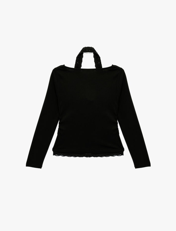  Halter Yaka Dantel Detaylı Slim Fit Uzun Kollu Tişört