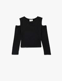 Pencere Detaylı Uzun Kollu Bisiklet Yaka Tişört