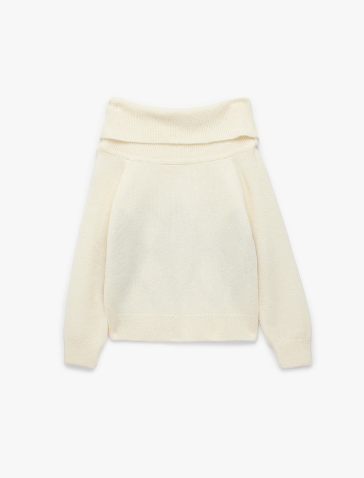  Uzun Kollu Baklava Desenli Kayık Yaka Omzu Açık Triko Kazak