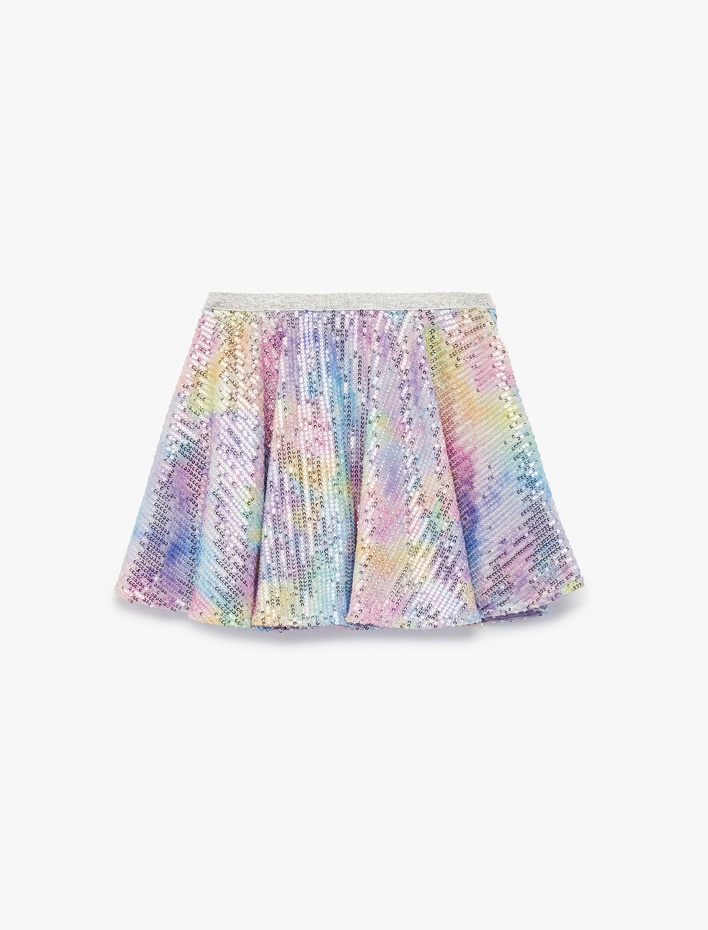 Kız Çocuk Beli Lastikli Pullu Payetli Kloş Etek