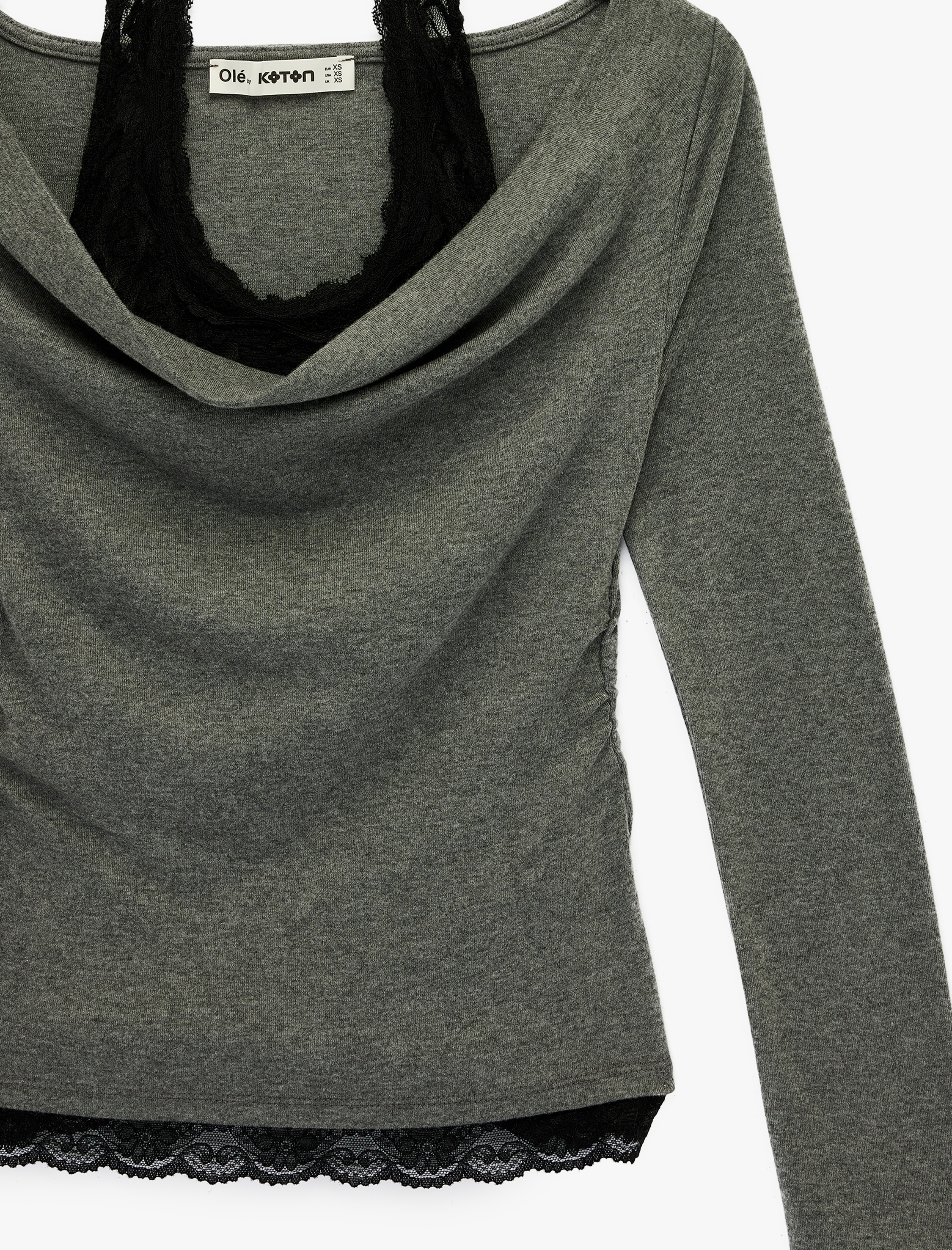   Halter Yaka Dantel Detaylı Slim Fit Uzun Kollu Tişört