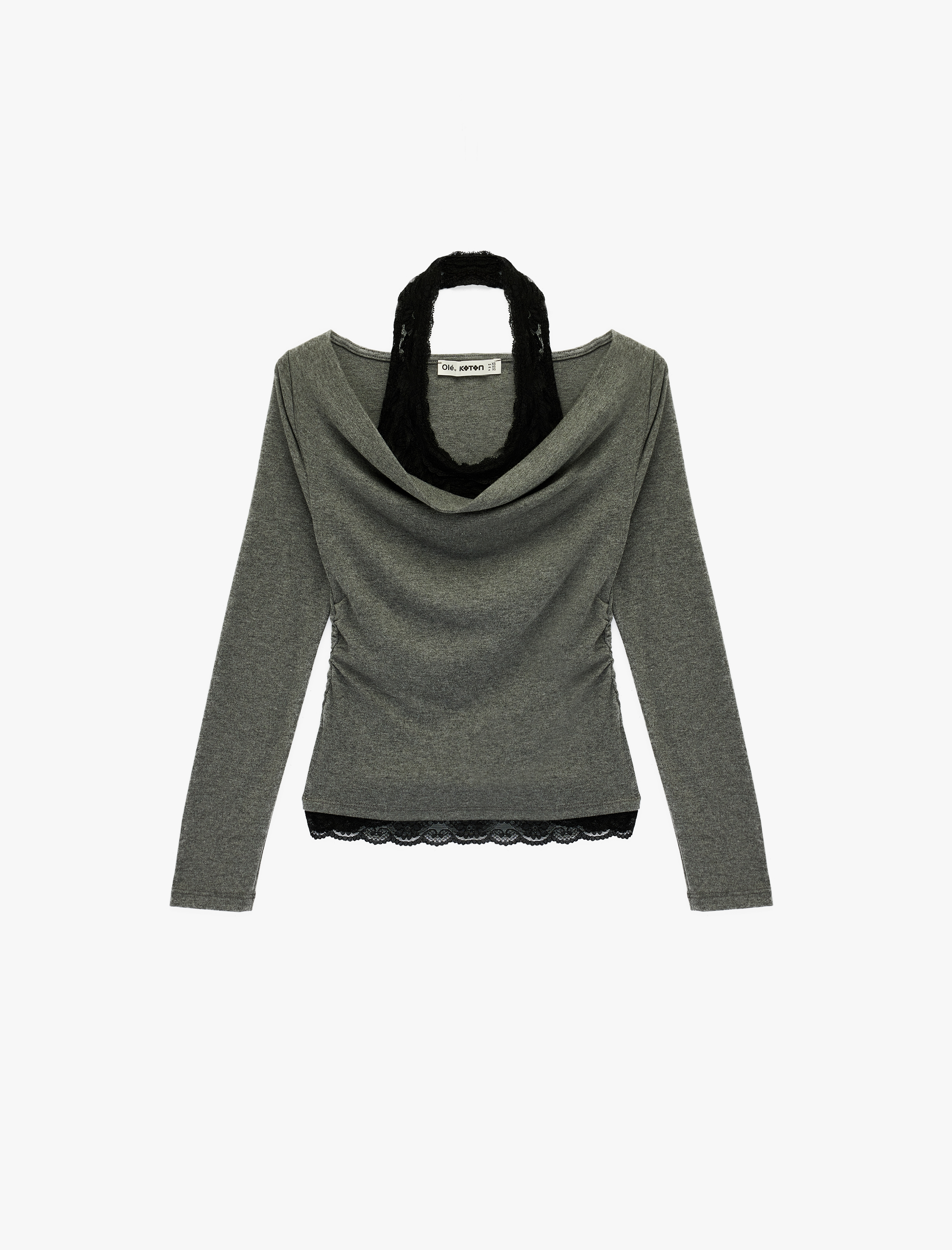   Halter Yaka Dantel Detaylı Slim Fit Uzun Kollu Tişört