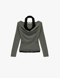 Halter Yaka Dantel Detaylı Slim Fit Uzun Kollu Tişört