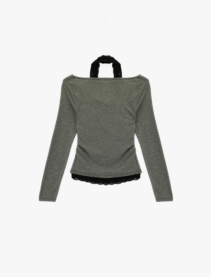  Halter Yaka Dantel Detaylı Slim Fit Uzun Kollu Tişört