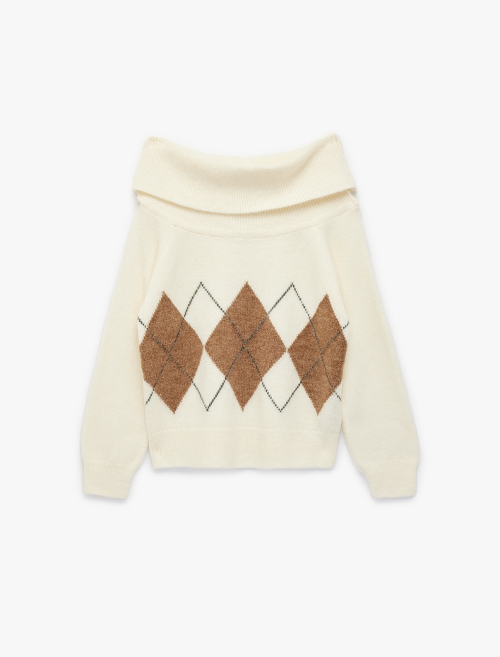  Uzun Kollu Baklava Desenli Kayık Yaka Omzu Açık Triko Kazak