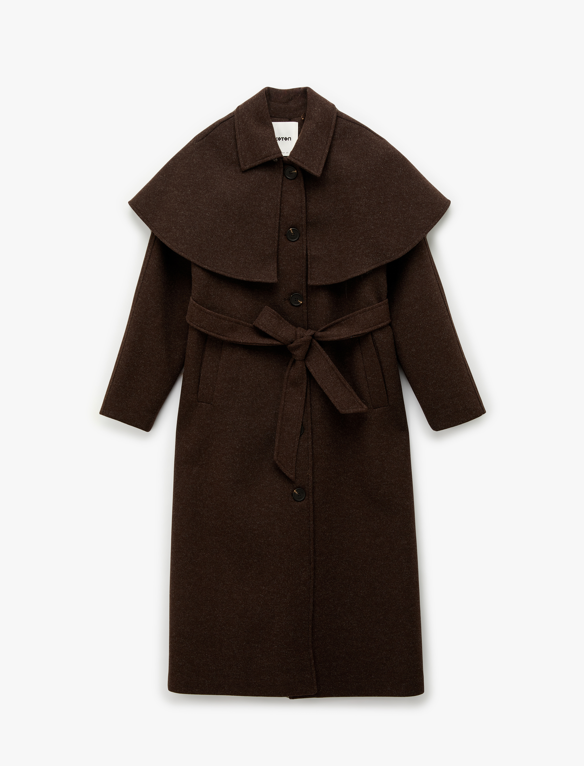   Kemerli Pelerin Kaşe Kaban Düğmeli Cepli Uzun Kollu