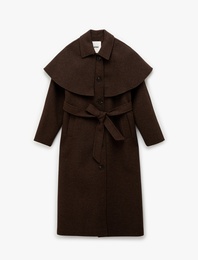 Kemerli Pelerin Kaşe Kaban Düğmeli Cepli Uzun Kollu