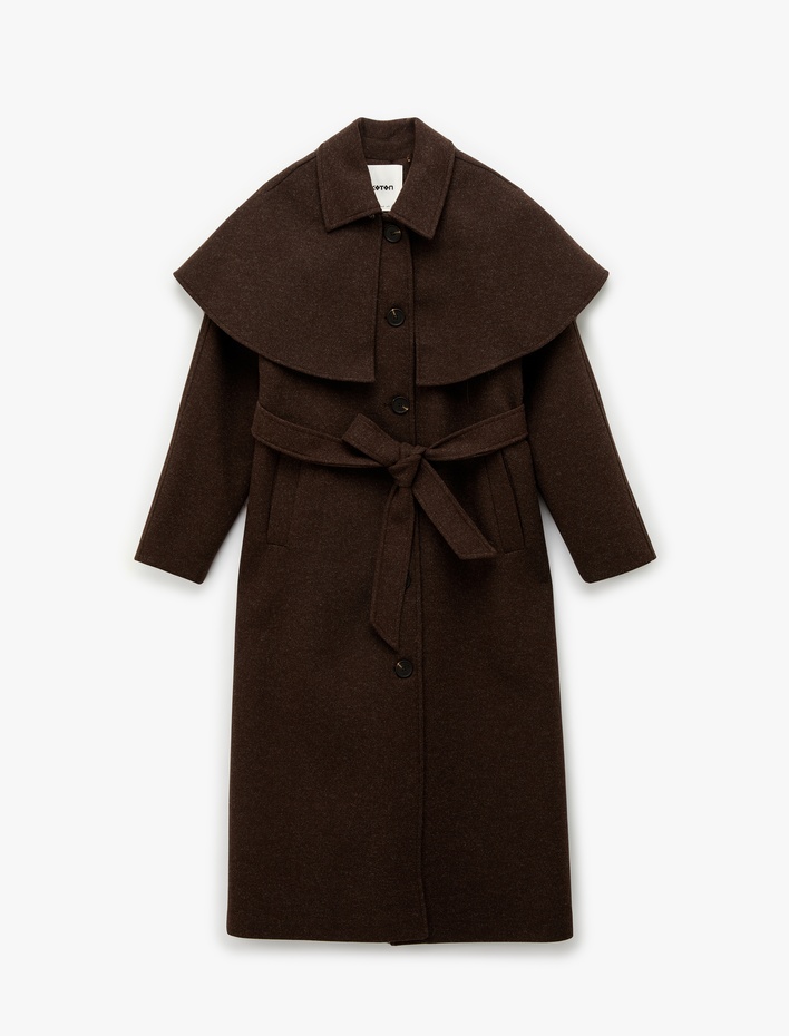  Kemerli Pelerin Kaşe Kaban Düğmeli Cepli Uzun Kollu