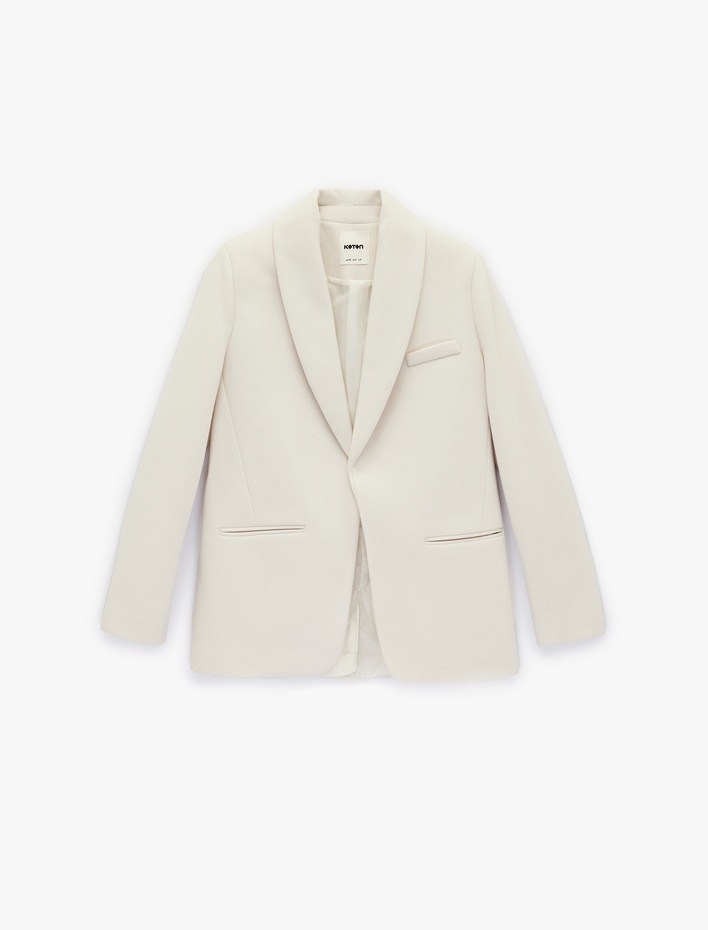  Uzun Kollu Arkası Bağlama Detaylı Kruvaze Kaşe Blazer Ceket