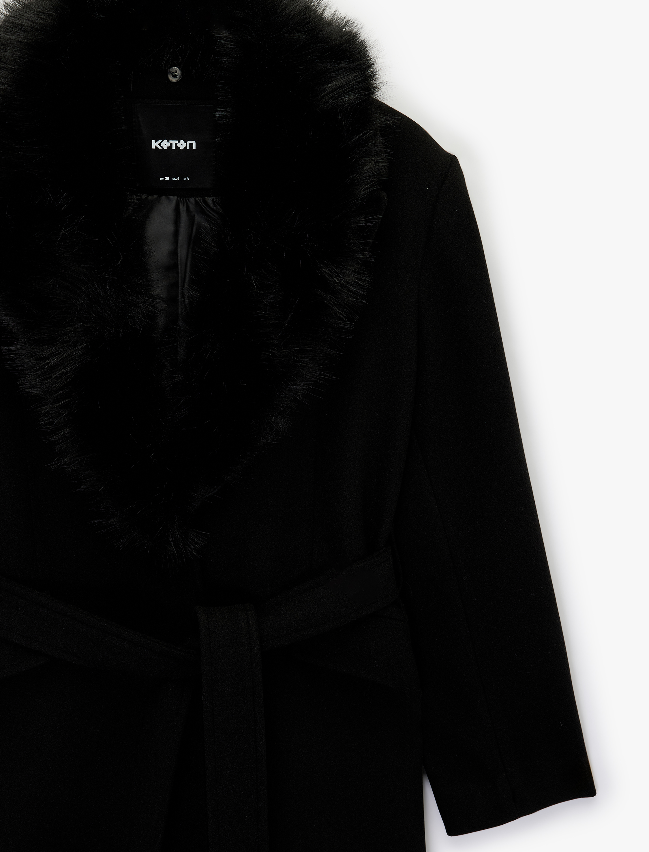   Uzun Kollu Çıkarılabilir Suni Kürk Yaka Kemerli Kaşe Kaban