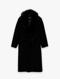 Uzun Kollu Çıkarılabilir Suni Kürk Yaka Kemerli Kaşe Kaban