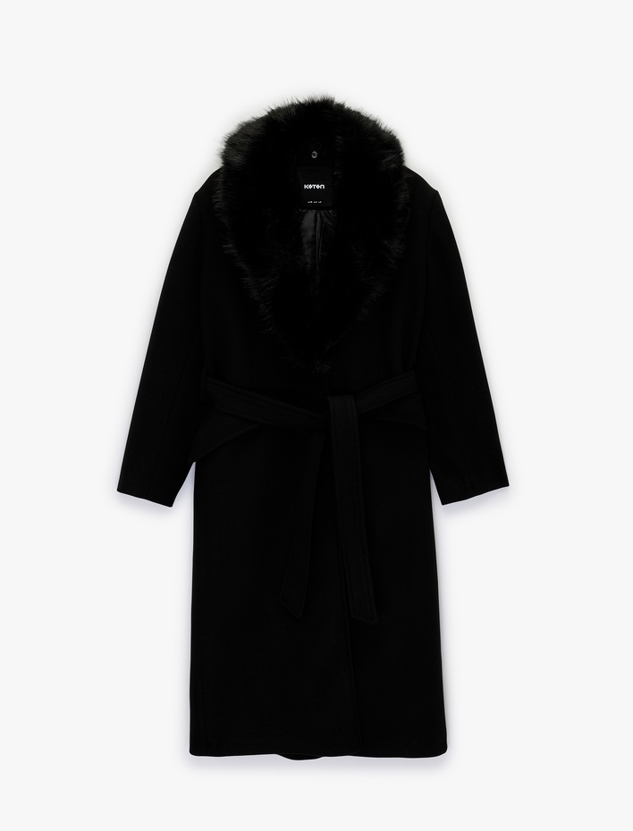  Uzun Kollu Çıkarılabilir Suni Kürk Yaka Kemerli Kaşe Kaban