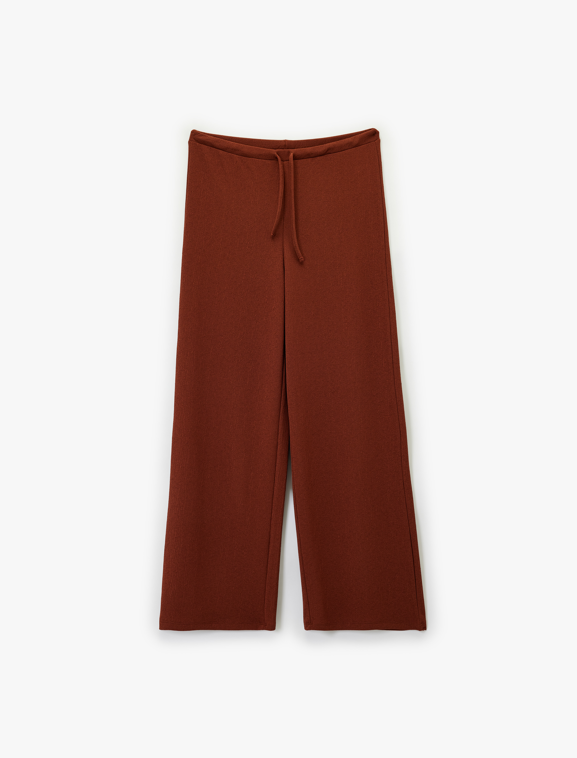   Beli Lastikli Bağlamalı Dokulu Uzun Geniş Paça Pantolon