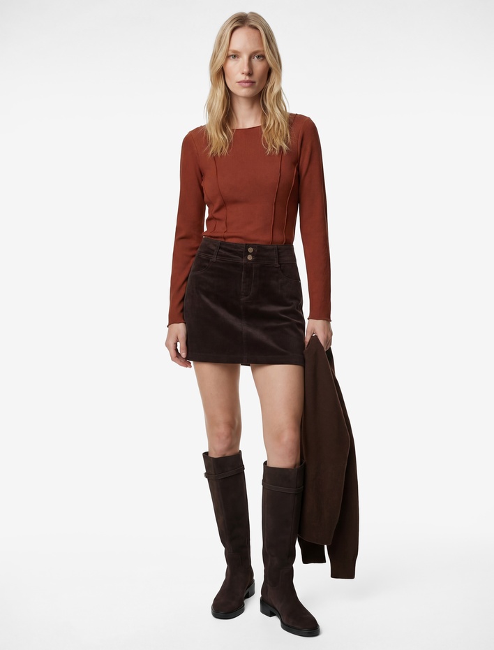  Slim Fit Uzun Kollu Kayık Yuvarlak Yaka Dikiş Detaylı Tişört