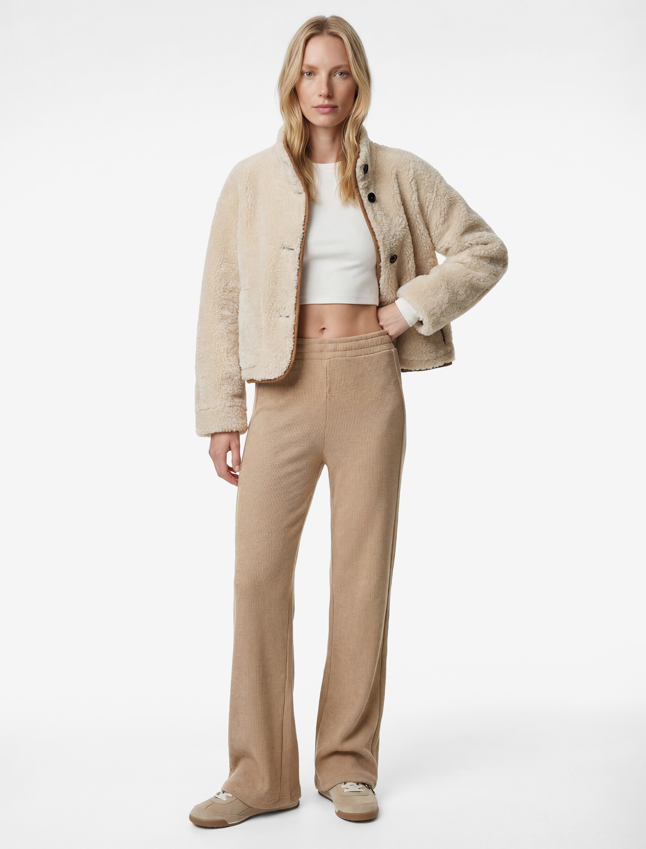   Beli Lastikli Düz Bol Paça Dokulu Pantolon