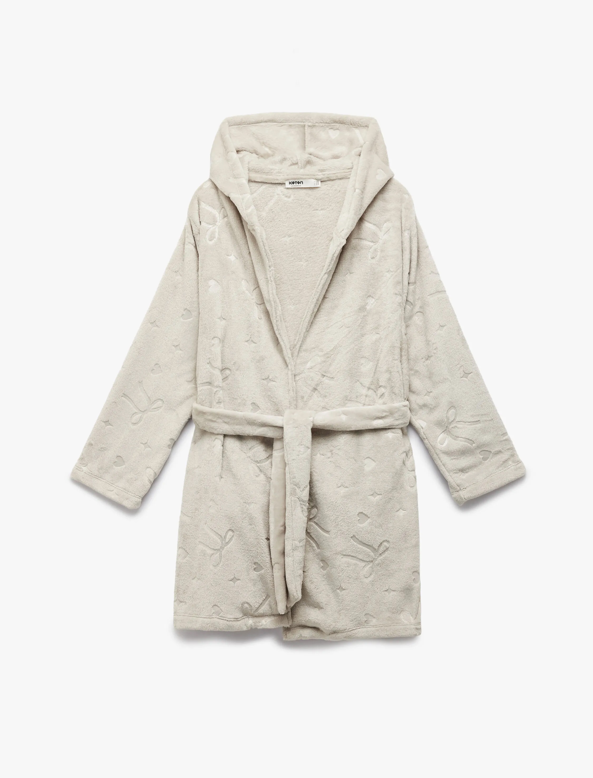   Uzun Kollu Fiyonk Detaylı Kapüşonlu Kemerli Peluş Sabahlık