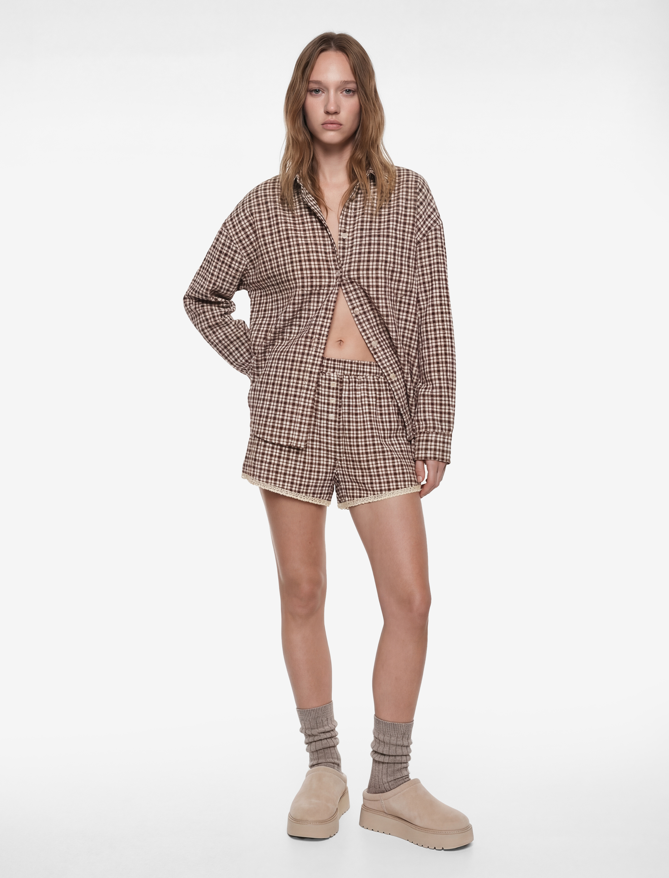   Ekose Desenli Fırfırlı Şort Pijama Altı