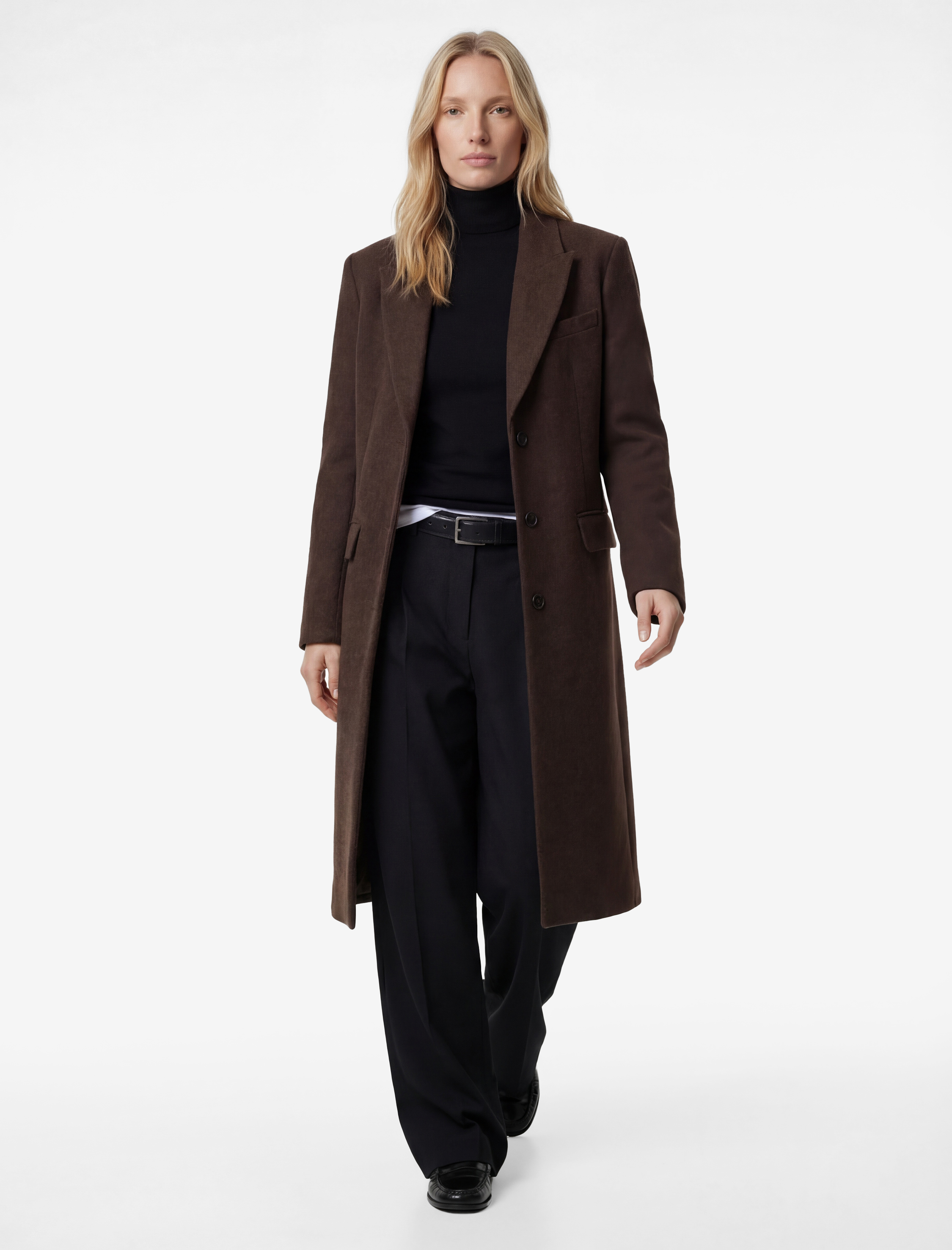   Uzun Kollu Düğmeli Cepli Uzun Kaşe Kaban