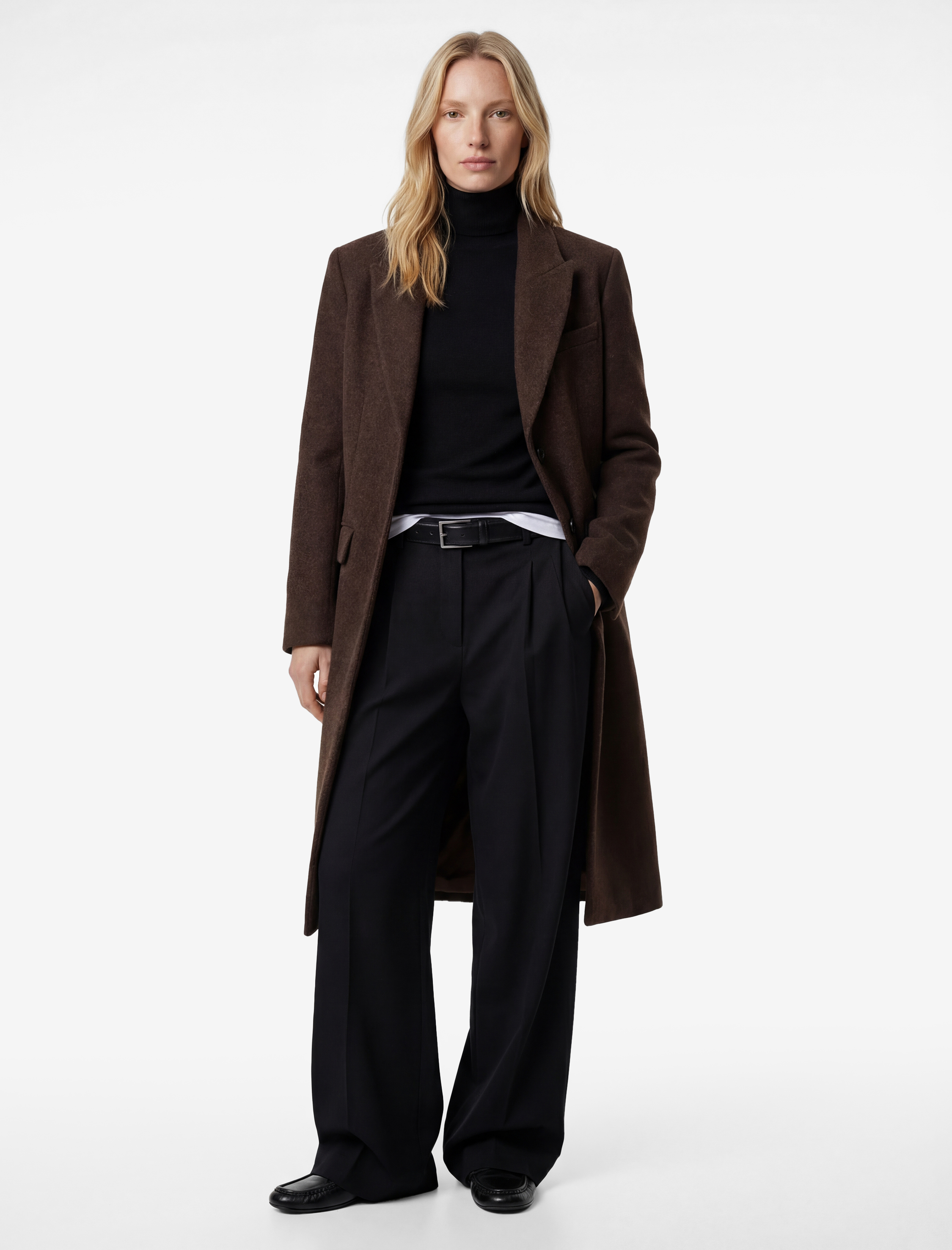   Uzun Kollu Düğmeli Cepli Uzun Kaşe Kaban