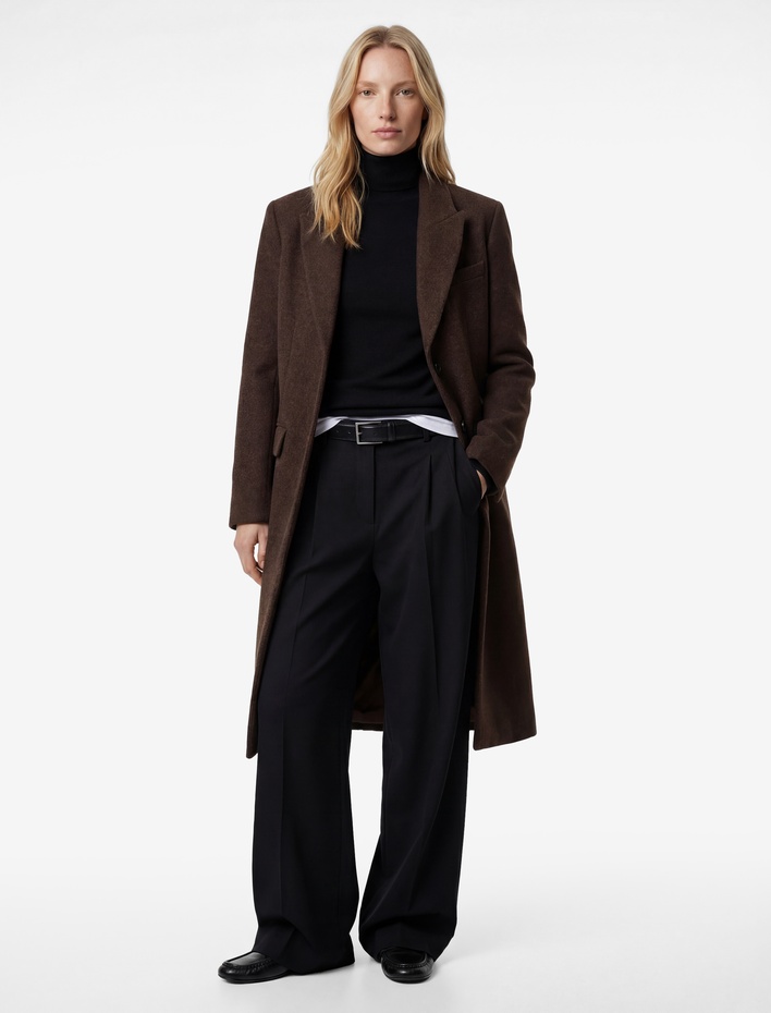  Uzun Kollu Düğmeli Cepli Uzun Kaşe Kaban