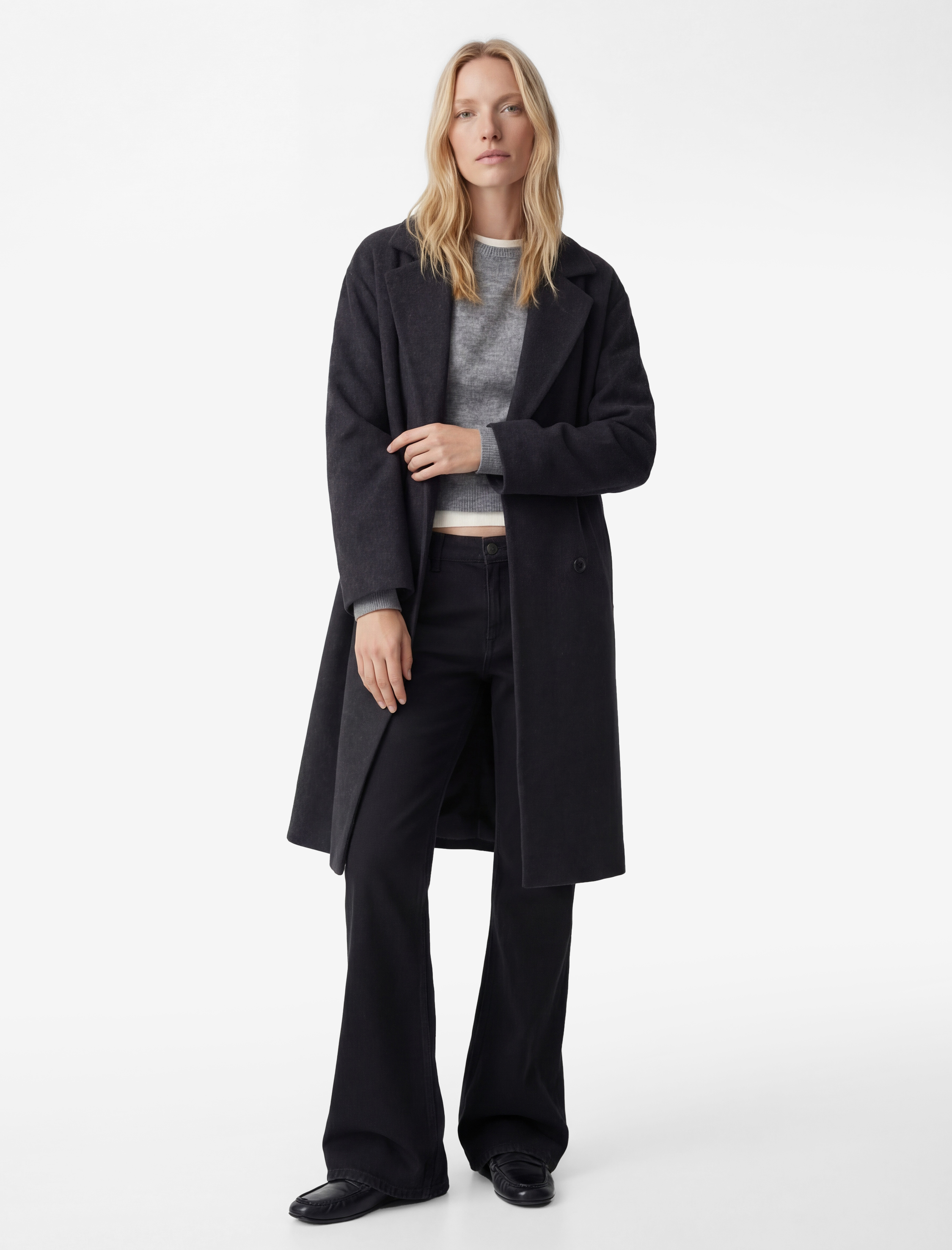   Kuşak Detaylı Düğmeli Kruvaze Uzun Kollu Kaşe Kaban