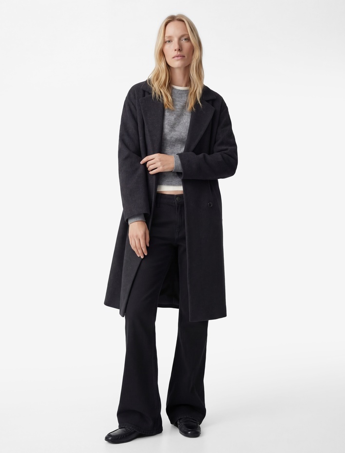  Kuşak Detaylı Düğmeli Kruvaze Uzun Kollu Kaşe Kaban