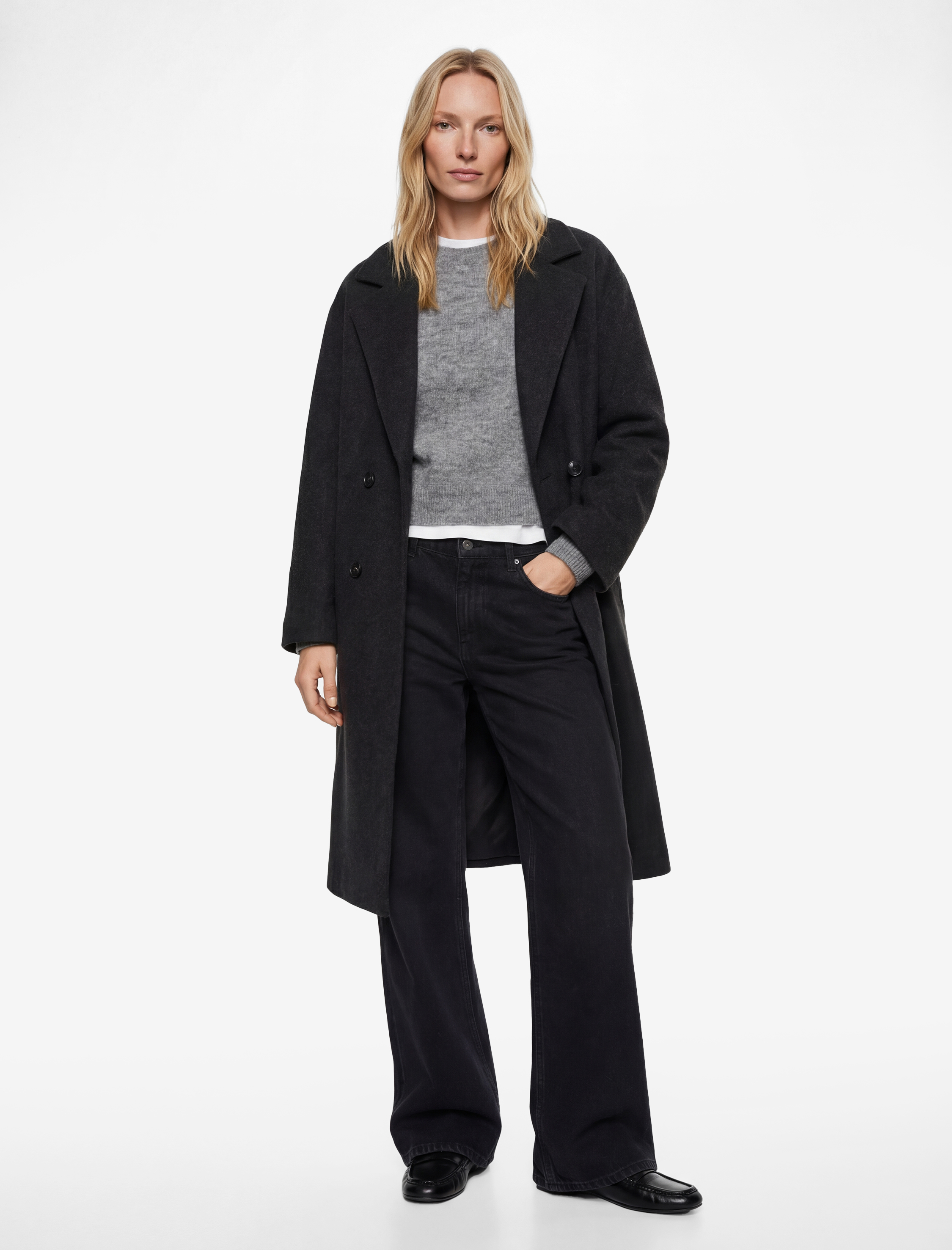   Kuşak Detaylı Düğmeli Kruvaze Uzun Kollu Kaşe Kaban