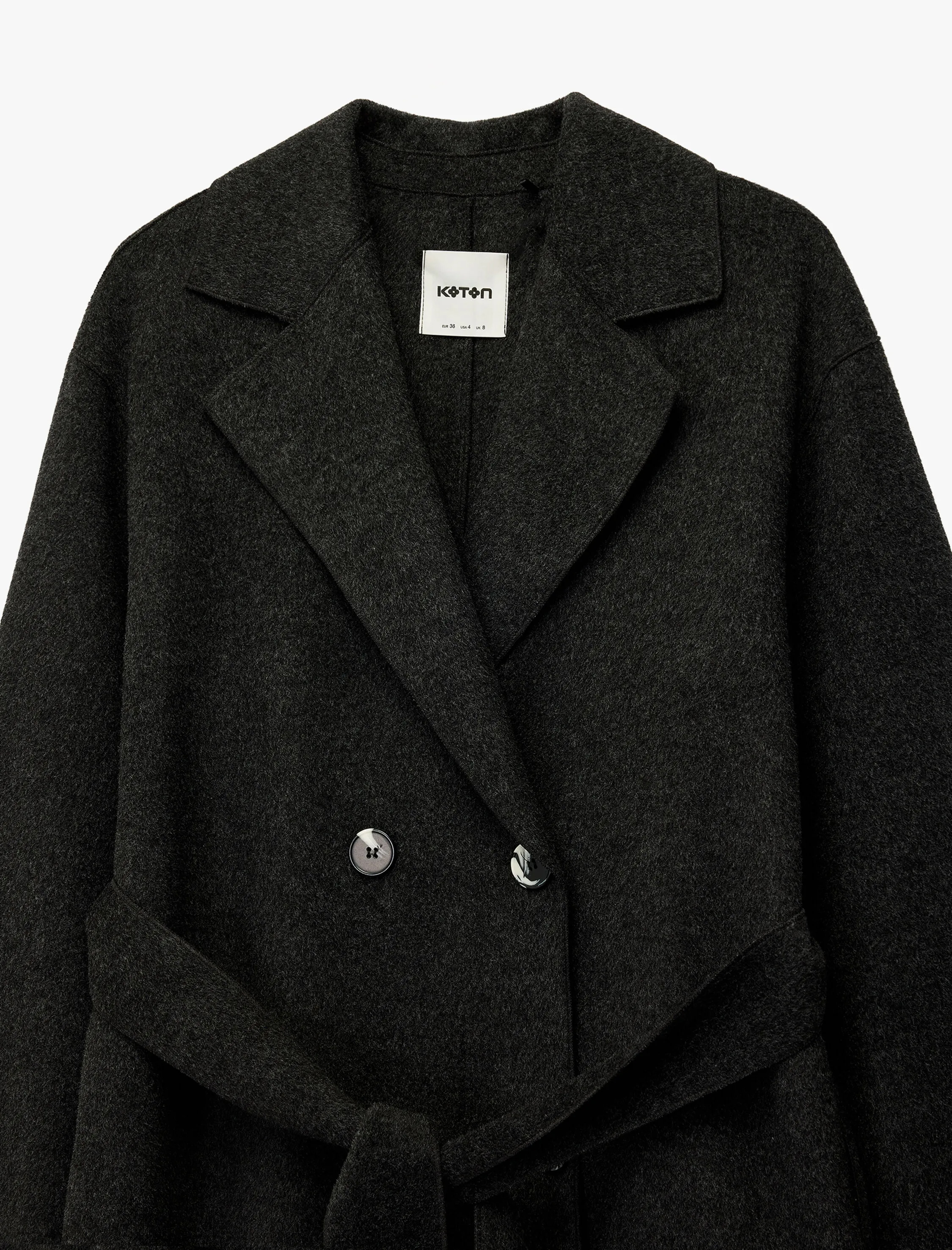   Kuşak Detaylı Düğmeli Kruvaze Uzun Kollu Kaşe Kaban